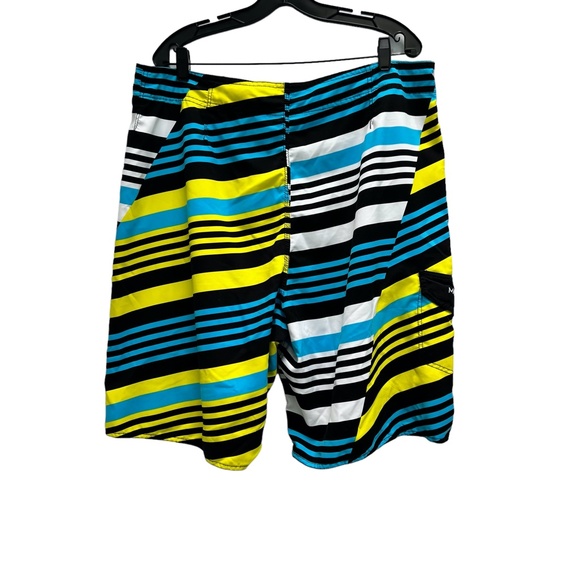 MAUI AND SONS BLUE, YELLOW, WHITE AND BLACK STRIPED BOARD SHORTS - Picture 6 of 10